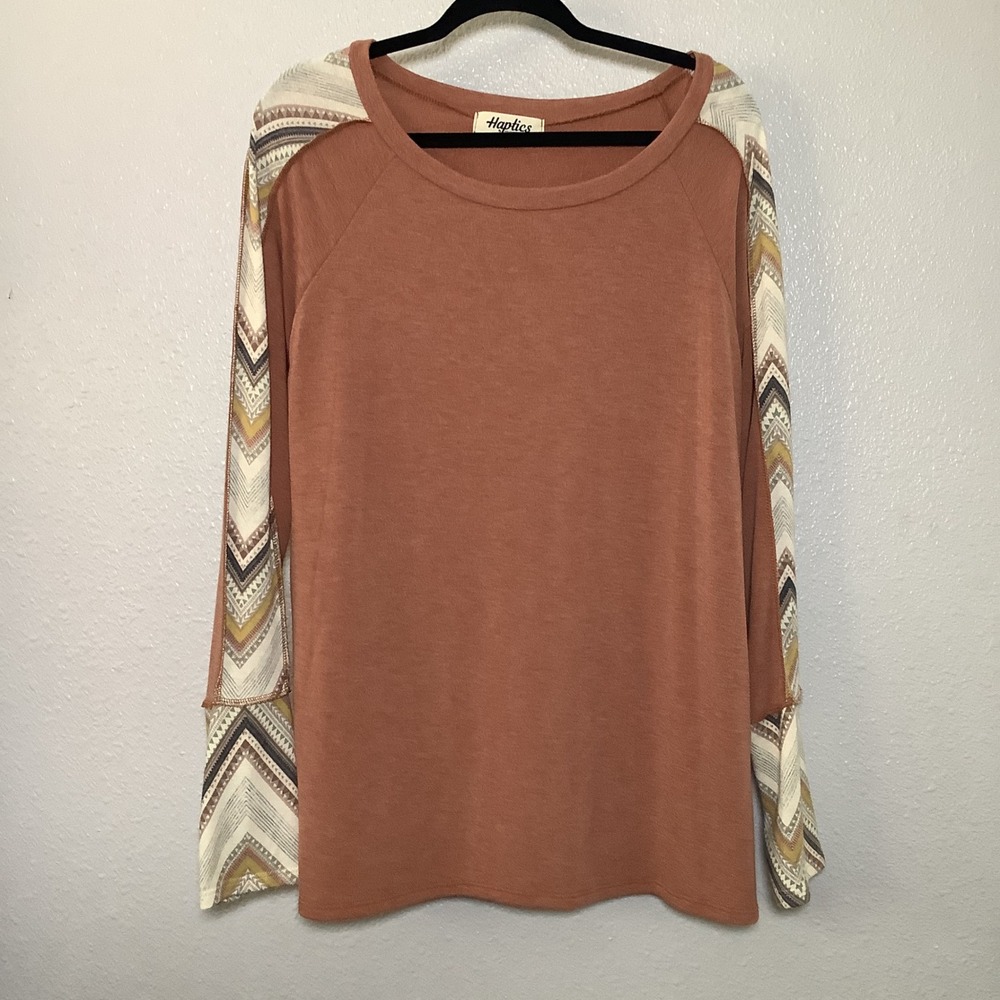 Haptics Orange Earthy Aztec Sleeve Patchwork Western Slouchy Long Sleeve Top 1X